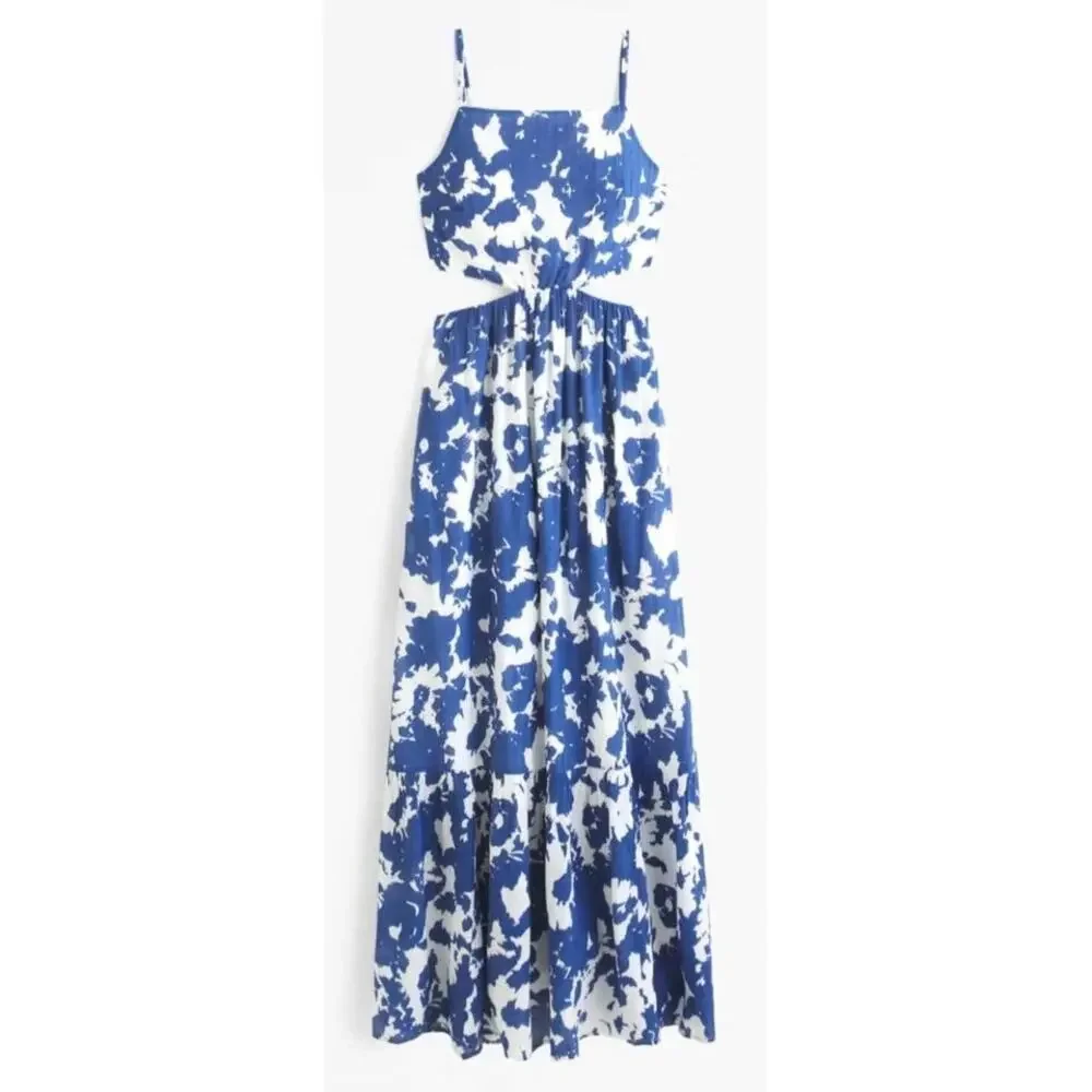 [Abercrombie & Fitch] Blue Crinkle Cutout High Neck Maxi Dress Pockets Size XLP